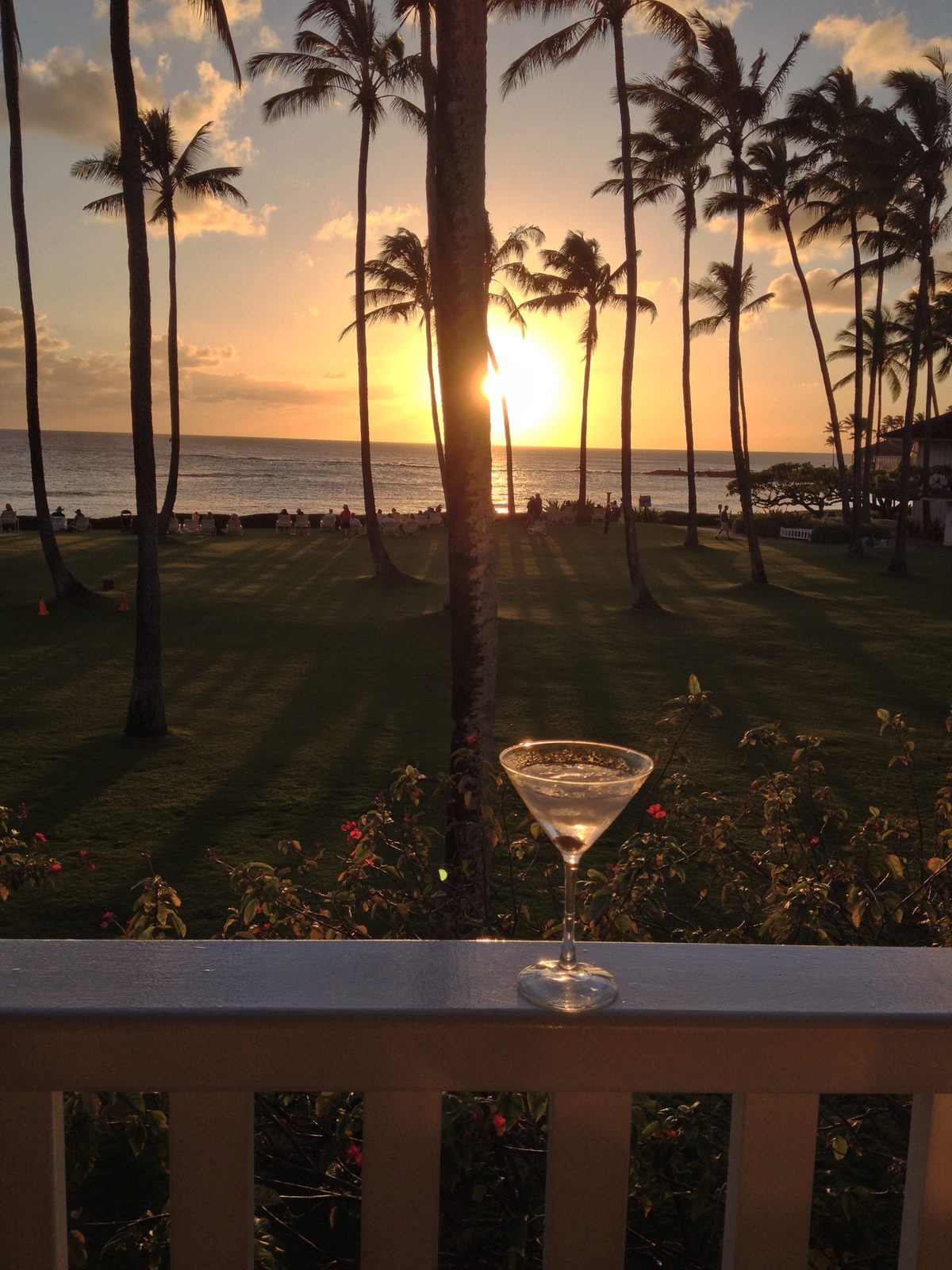 An evening cocktail on the lanai at sunset, Kiahuna 22