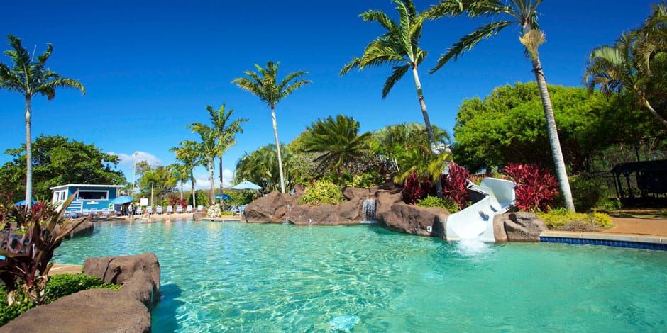 Pool and waterslide at the Po'ipu Beach Athletic Club, complimentary for Kiahuna 22 guests