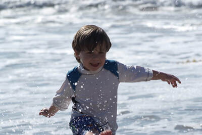 Sammy splashing in the surf